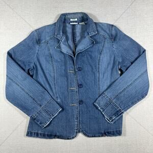 St Johns Bay Jacket Womens Medium Blue Stretch Denim Button Front Blazer VTG